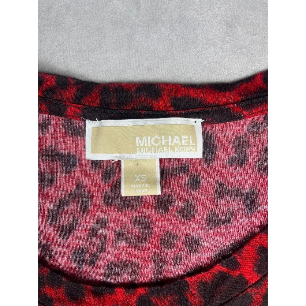 Michael Kors Red Black Leopard Print Scoop Neck Long Sleeve Top XS Animal‎ Print